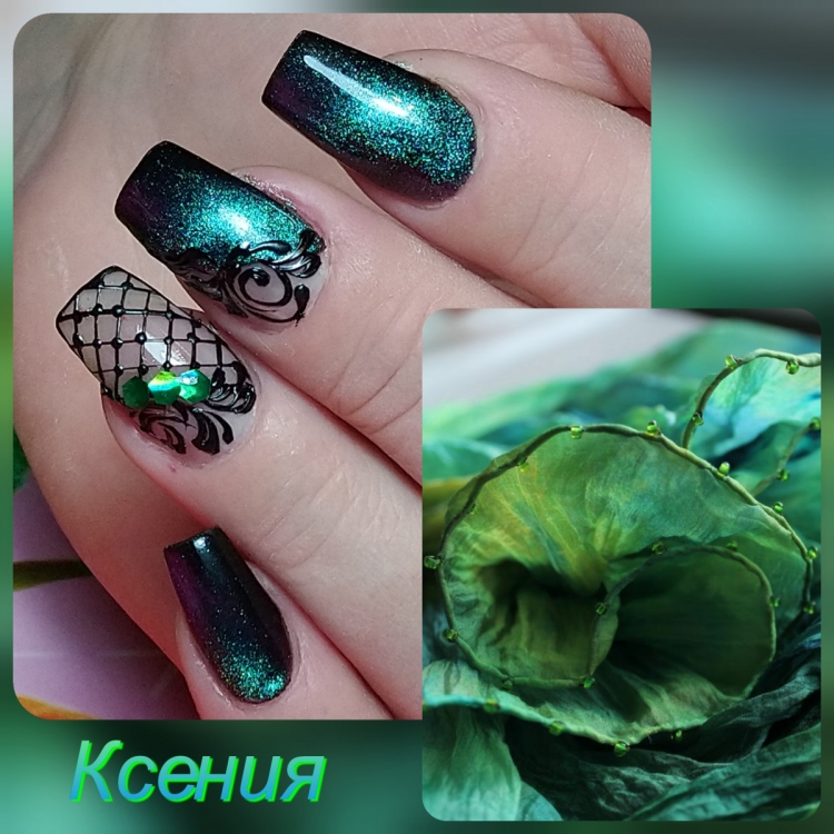 Маникюр с лаком кошачий глаз зеленый цвет