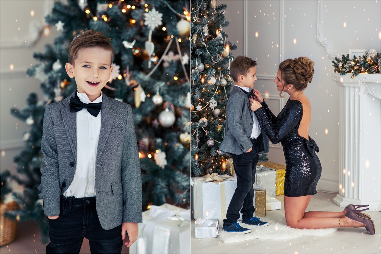 Новая мама и новый брат. Новогодняя фотосессия мальчика. Образ для мальчика на новогоднюю фотосессию. Новогодняя фотосессия в черном платье. Новогодние образы для детей.